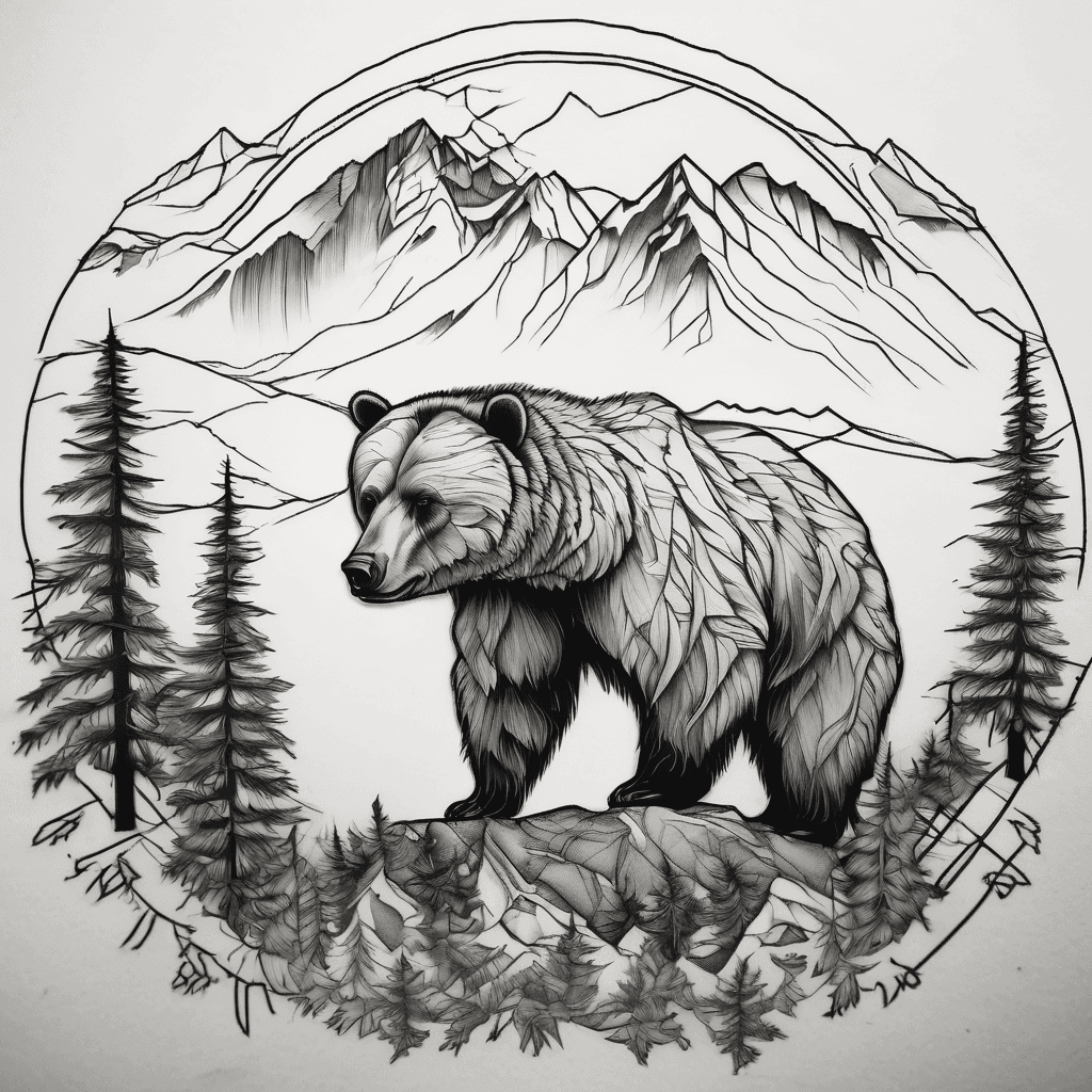 fine line kodiak bear with spruce forest and mountains drawn inside her silhouette illustrative style