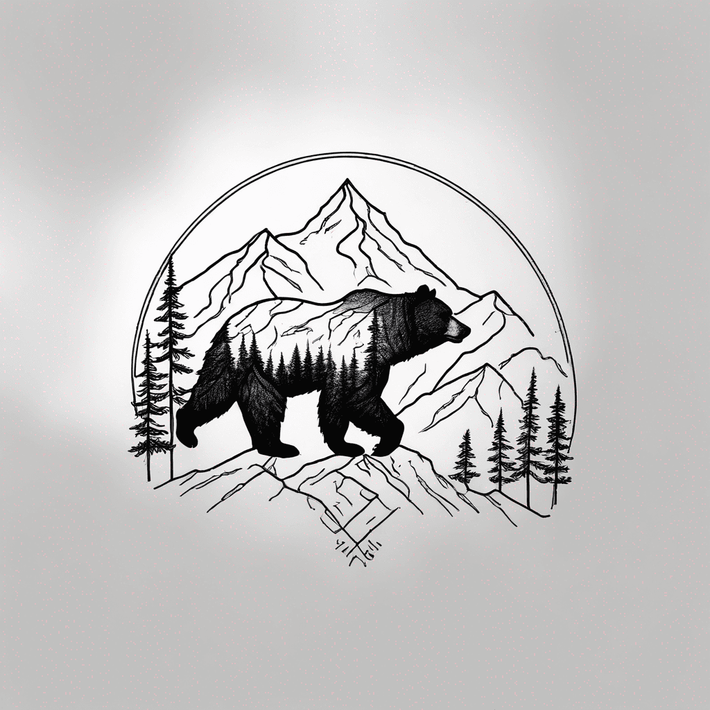 Fine-line female Kodiak bear silhouette filled with detailed spruce forest and layered alpine mountains, delicate stippling, illustrative black-ink