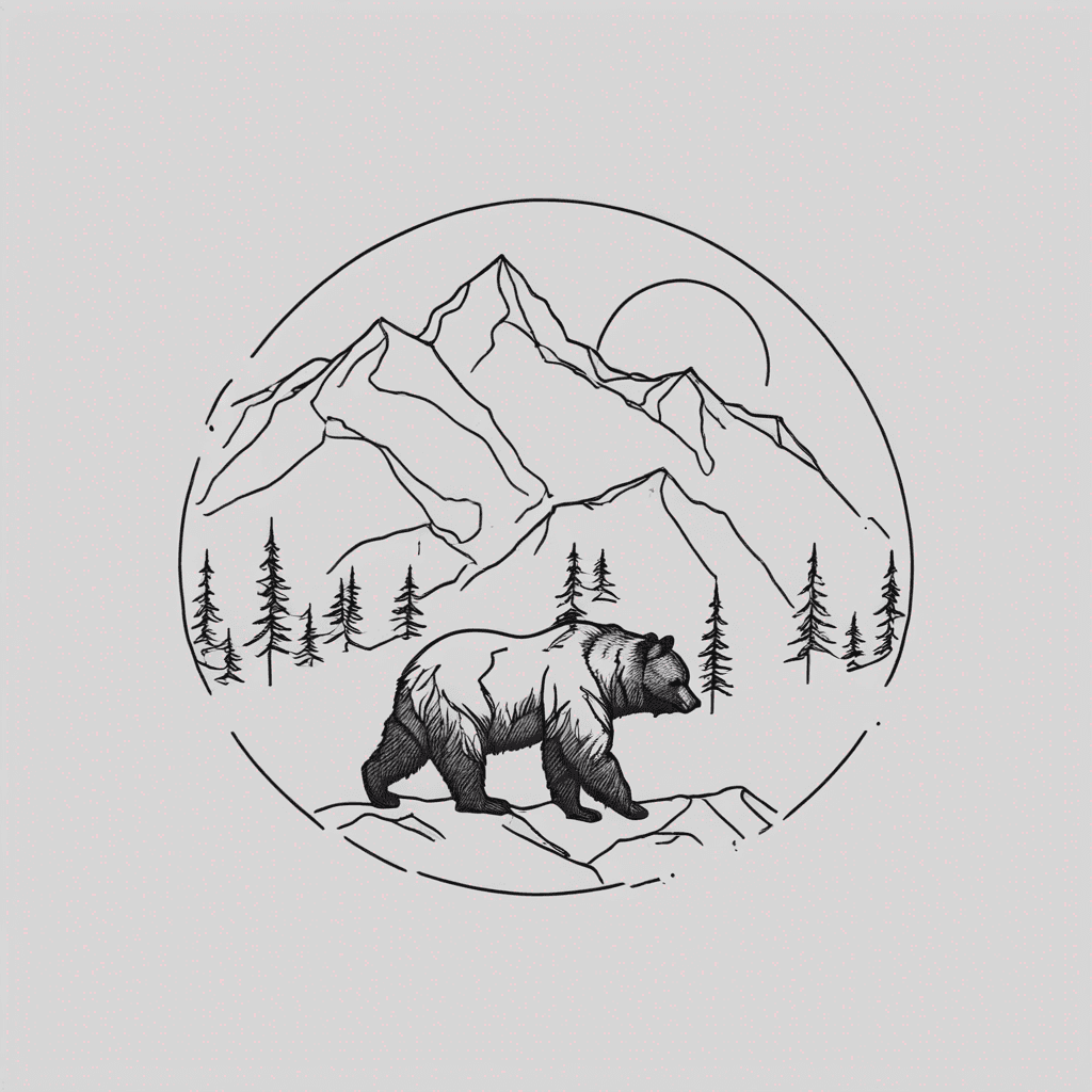 Fine-line female Kodiak bear silhouette filled with spruce forest and layered alpine mountains, illustrative black-ink