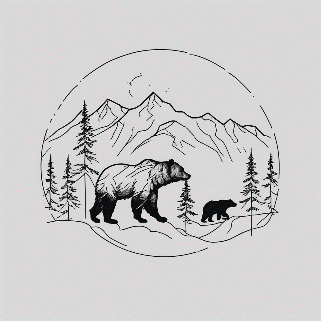 Fine-line female Kodiak bear silhouette with spruce forest and layered alpine mountains, illustrative black-ink
