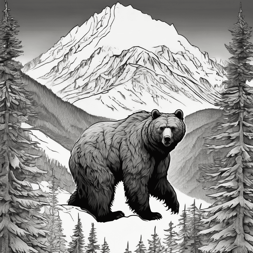 Fine-line female Kodiak bear silhouette, spruce tree, layered alpine mountains, eagle flying overhead illustrative black-ink