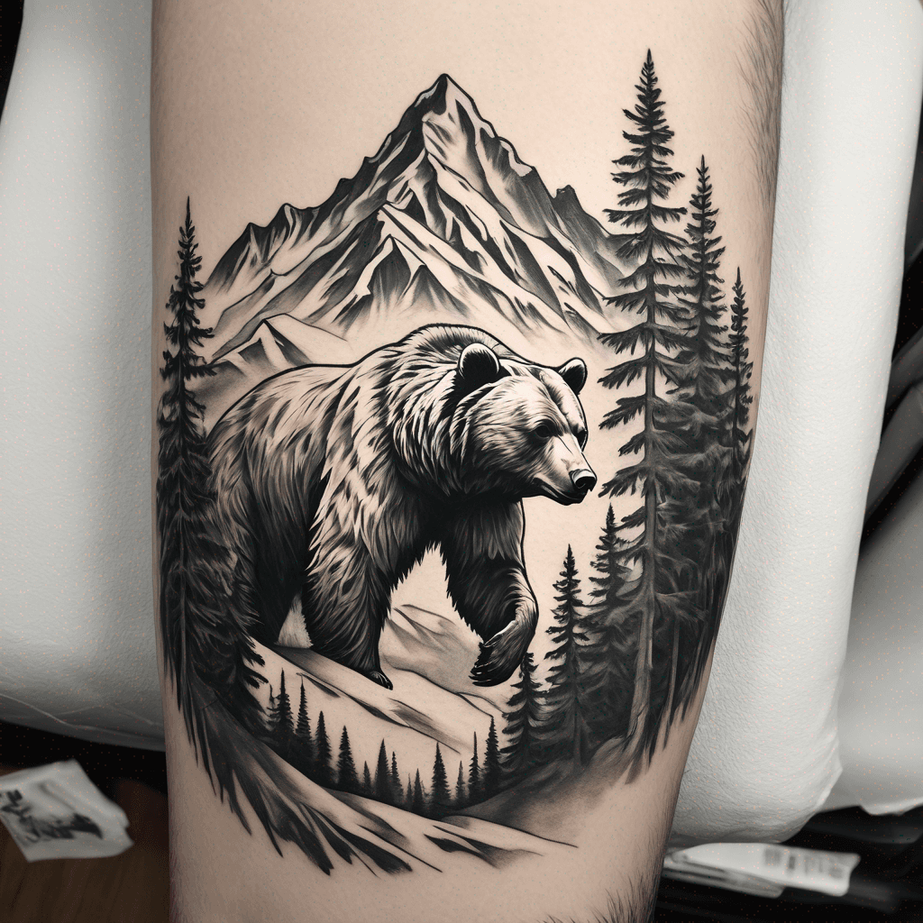 Fine-line female Kodiak bear silhouette, spruce tree, layered alpine mountains, eagle flying overhead illustrative black-ink