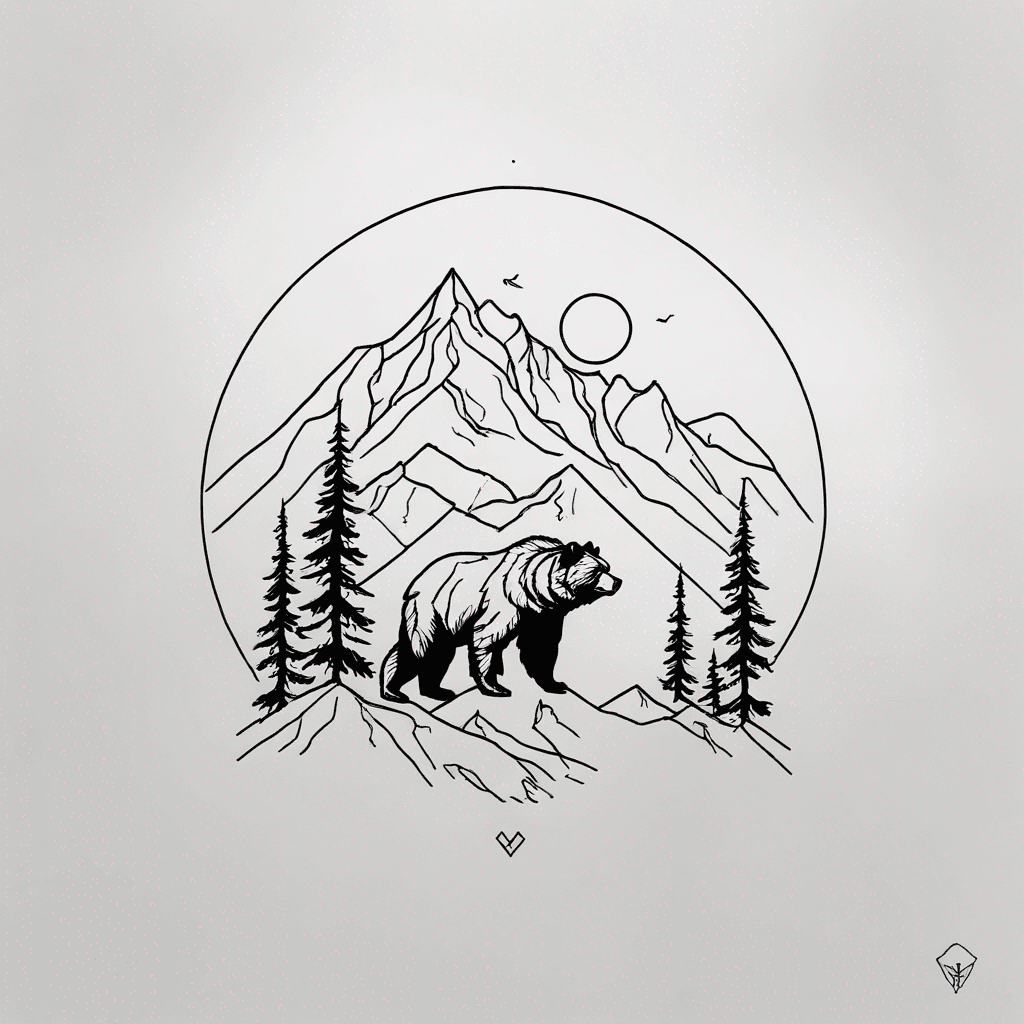 Fine-line female Kodiak bear silhouette, spruce tree, layered alpine mountains, eagle flying overhead illustrative black-ink
