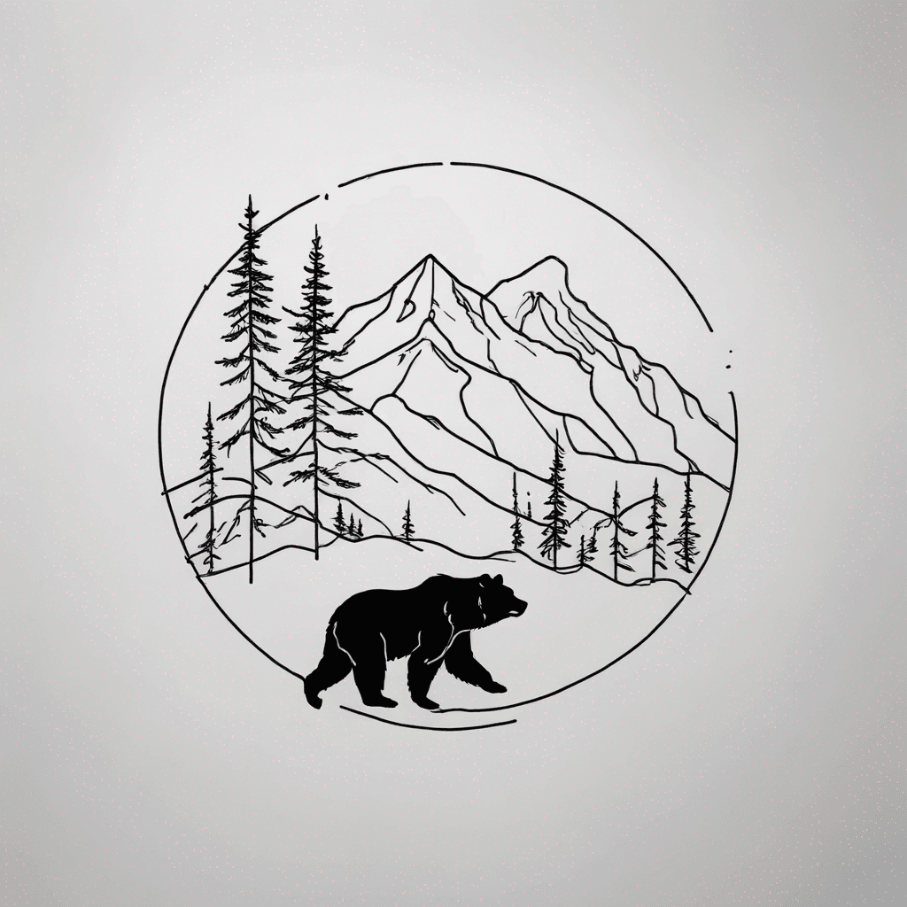 Fine-line female Kodiak bear silhouette...inside her silhouette is a kodiak landscape of spruce tree, layered alpine mountains illustrative black-ink