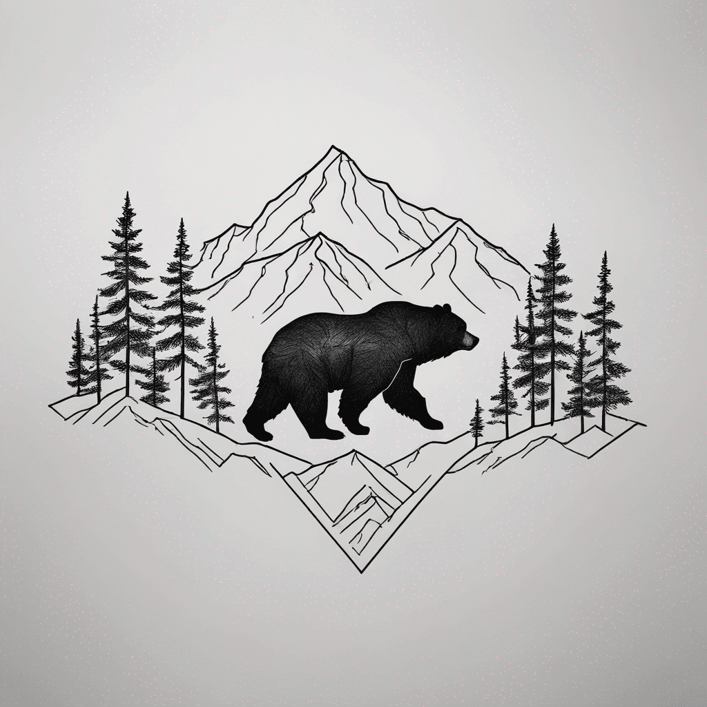 Fine-line female Kodiak bear silhouette with spruce forest & layered alpine peaks; black-ink illustrative, delicate stippling, crisp negative space