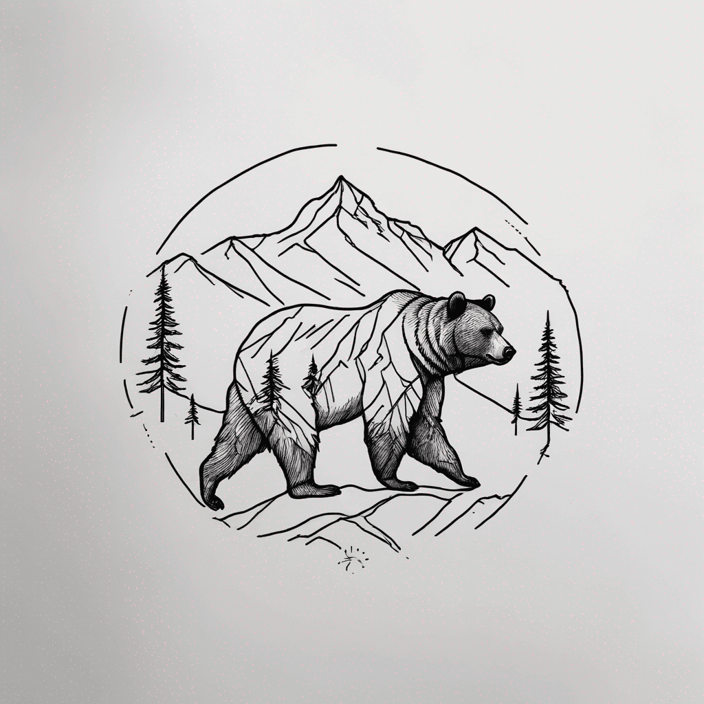 Fine-line female Kodiak brown bear with spruce forest & alpine peaks; black-ink illustrative, crisp negative space