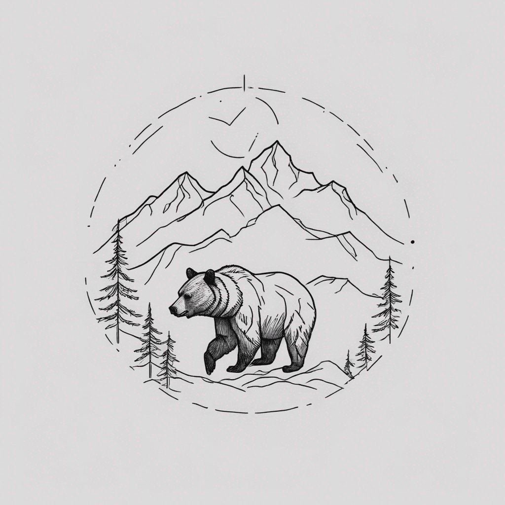 Fine-line female Kodiak brown bear with spruce forest & alpine peaks; black-ink illustrative, simple and soft