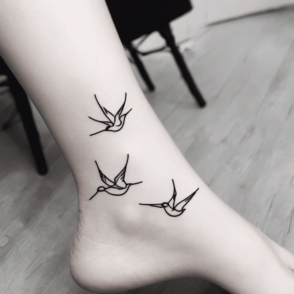 Small fine line minimalist tattoo for the ankle of a women with an artistic twist of the two flying swallows