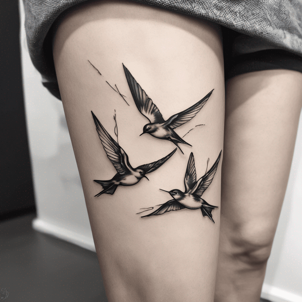 Small fine line minimalist tattoo for the ankle of a women with an artistic twist of the two flying swallows