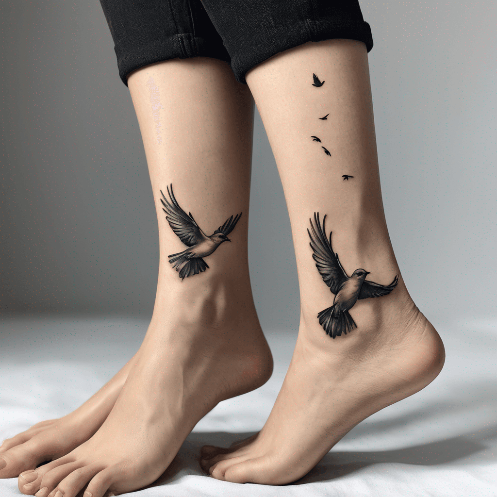 Small fine line minimalist tattoo for the ankle of a women with an artistic twist of the two flying birds