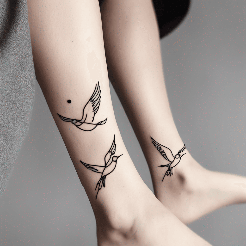 Small fine line minimalist tattoo for the ankle of a women with an artistic twist of the two flying birds