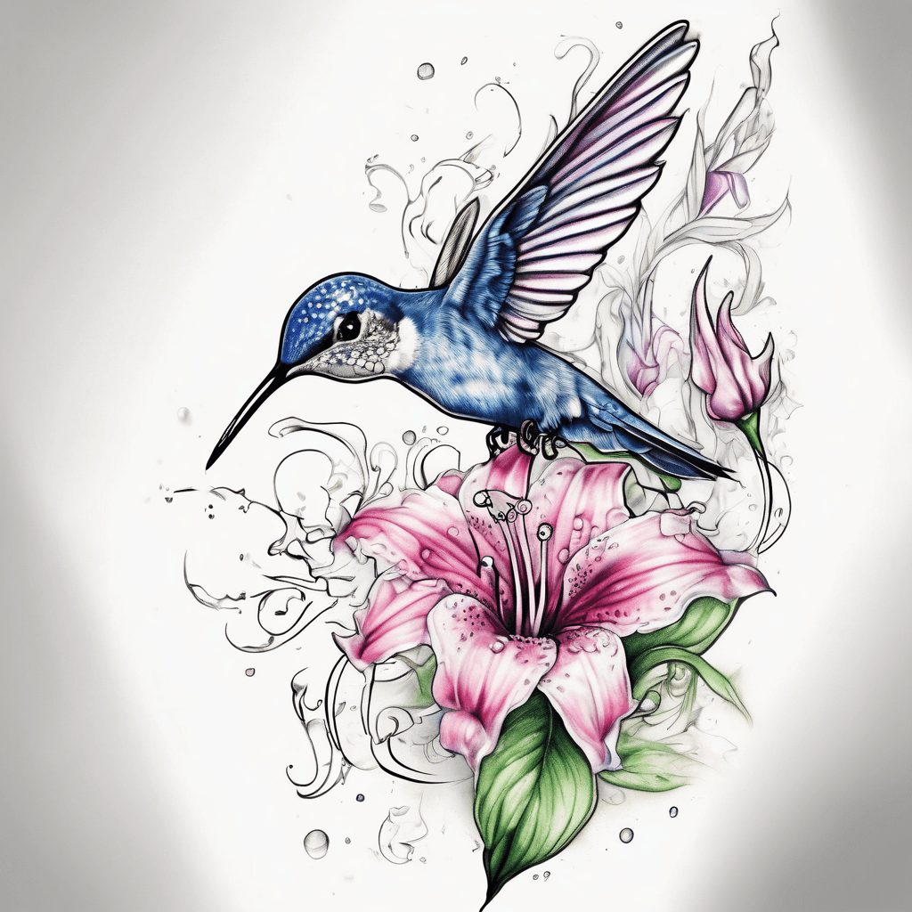 Delicate upper under forearm tattoo with lily of the valley, rue, cornflower and pink trillium with a hummingbird drinking from a flower