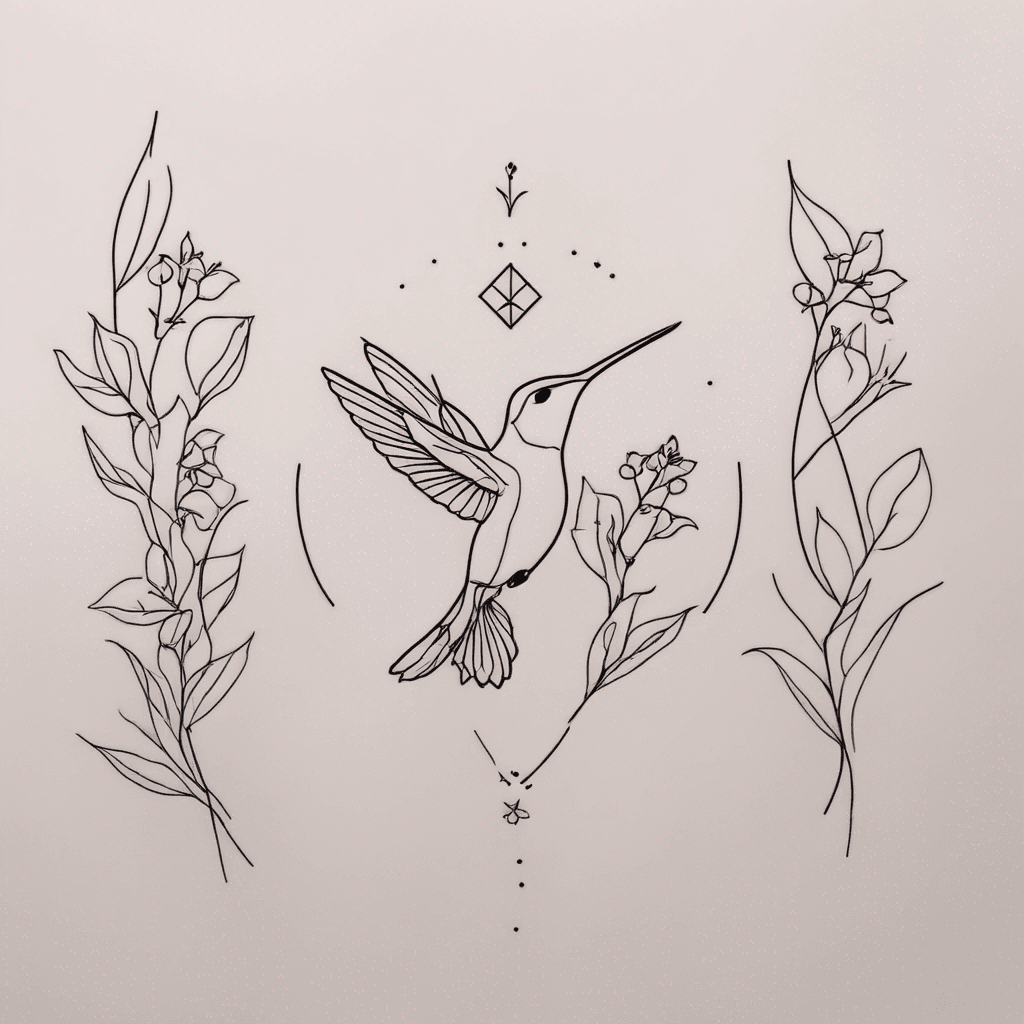 Delicate upper under forearm tattoo with lily of the valley, rue, cornflower and pink trillium with a hummingbird drinking from a flower
