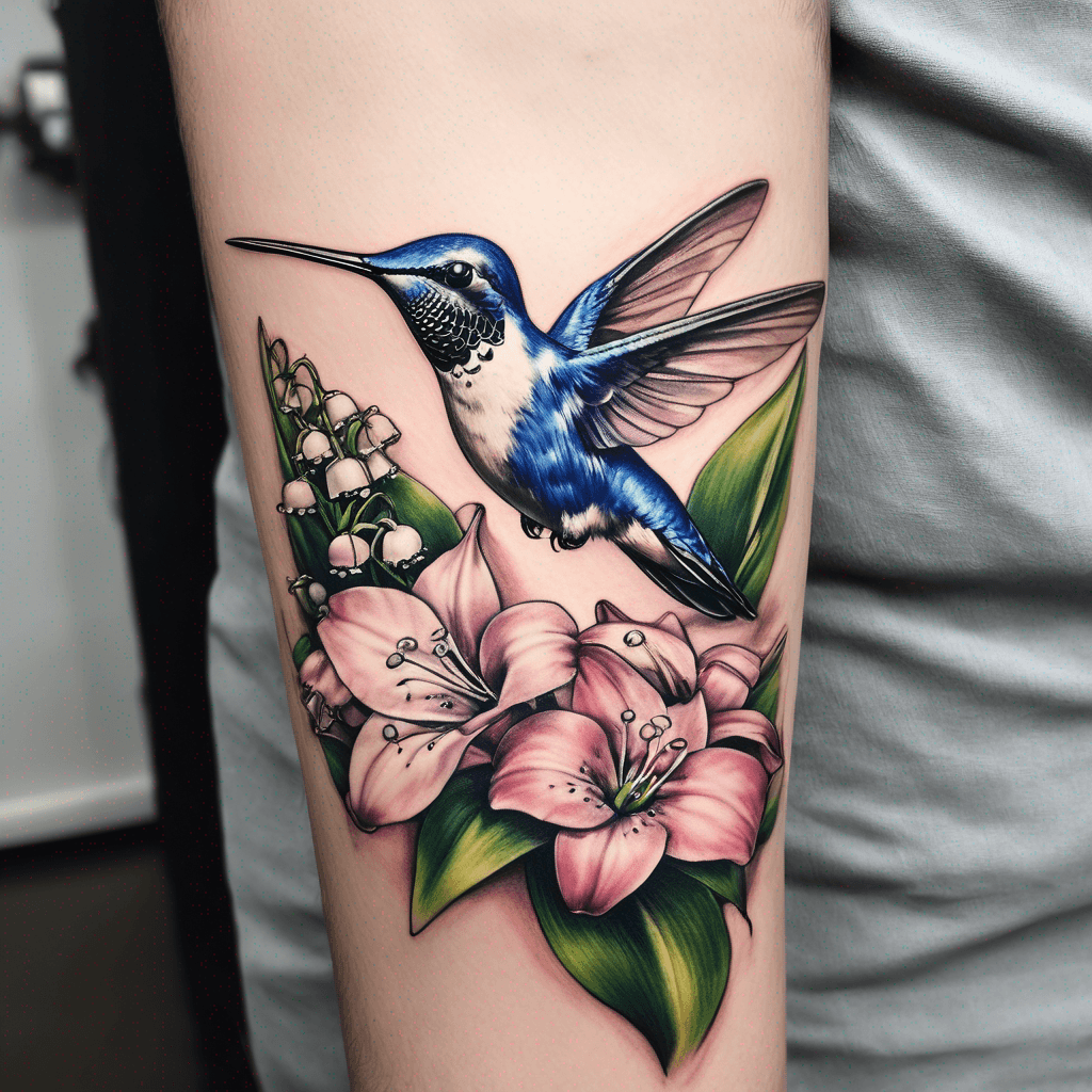 Delicate upper under forearm tattoo with lily of the valley, rue, cornflower and pink trillium with a hummingbird drinking from a flower