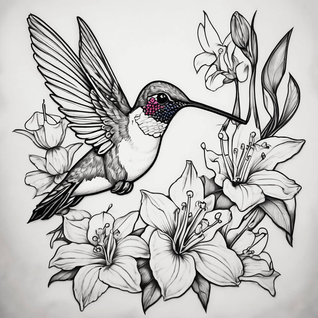 Ruby throated hummingbird, pink trillium, lily of the valley, rue, cornflower