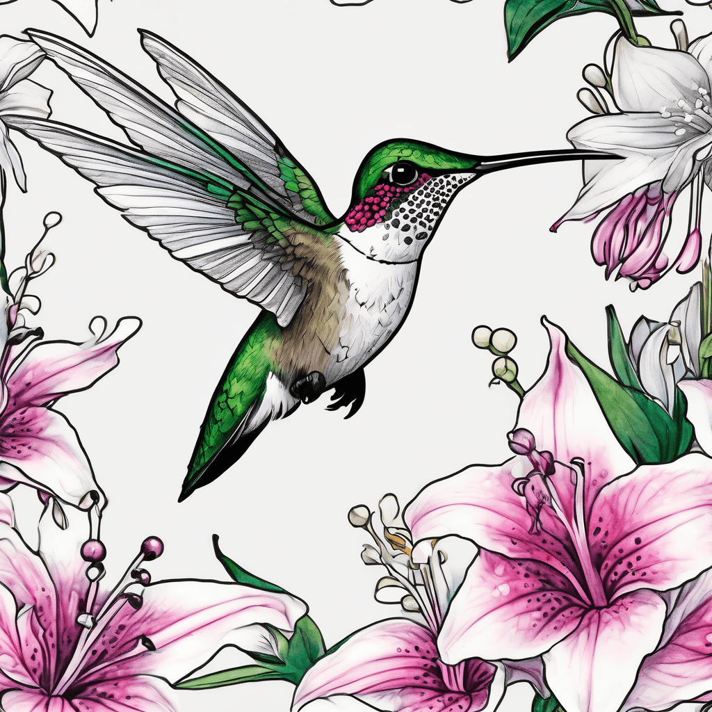 Ruby throated hummingbird, pink trillium, lily of the valley, rue, cornflower
