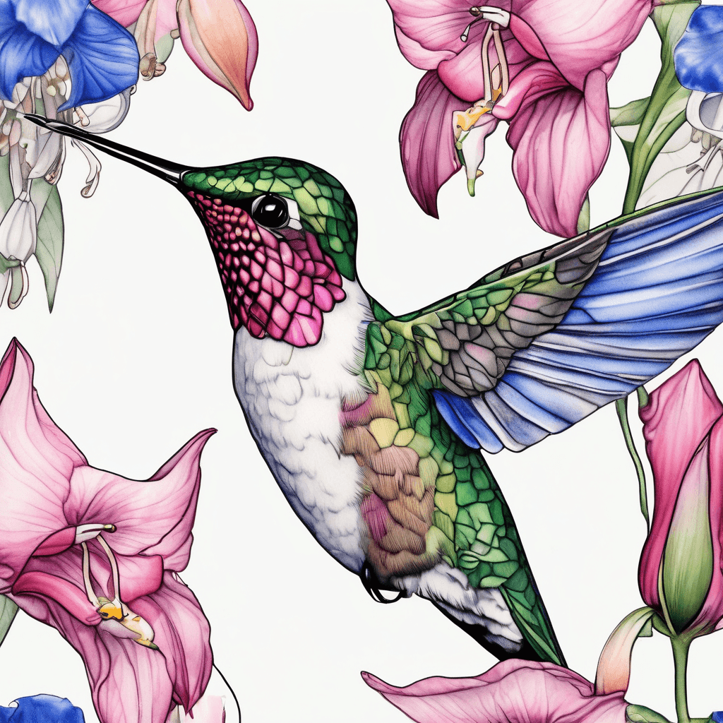 Fine-line ruby-throated hummingbird with pink trillium, lily-of-the-valley, blue cornflower and silvery rue foliage; soft watercolor shading