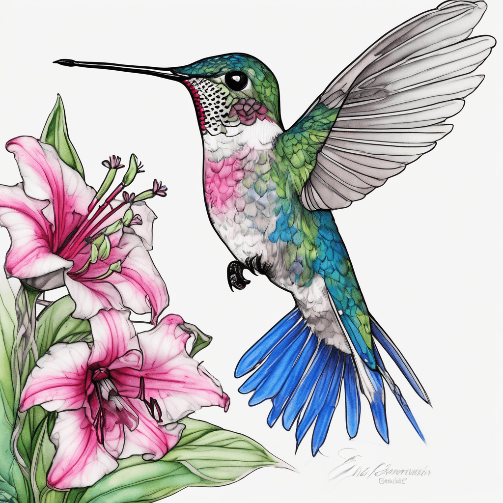Fine-line ruby-throated hummingbird with pink trillium, lily-of-the-valley, blue cornflower and silvery rue foliage; soft watercolor shading