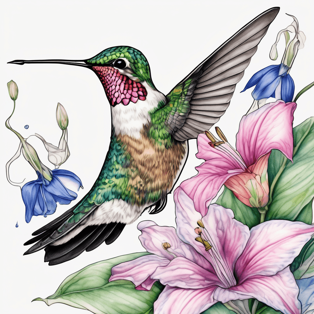 Fine-line ruby-throated hummingbird with pink trillium, lily-of-the-valley, blue cornflower and silvery rue foliage; soft watercolor shading