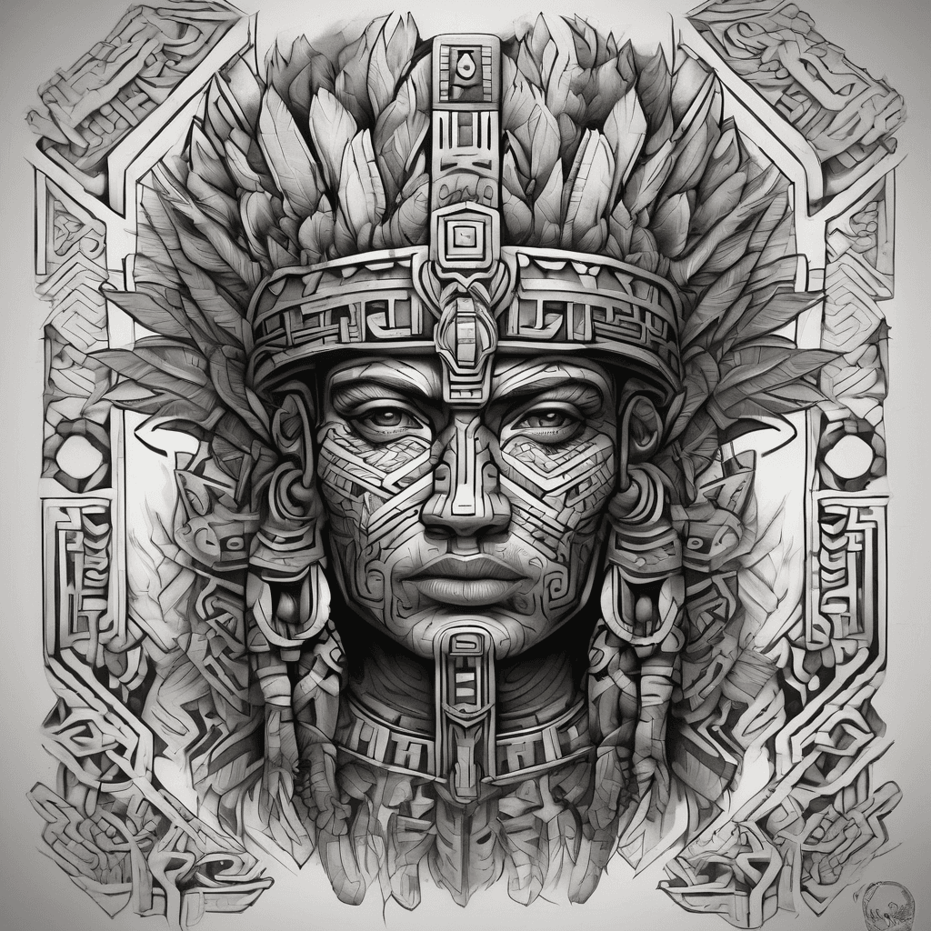 I want you to create an Aztec God using all possible geometric shapes, looking very carved out from the skin as if it’s coming out of the skin doesn’t matter which God just the one