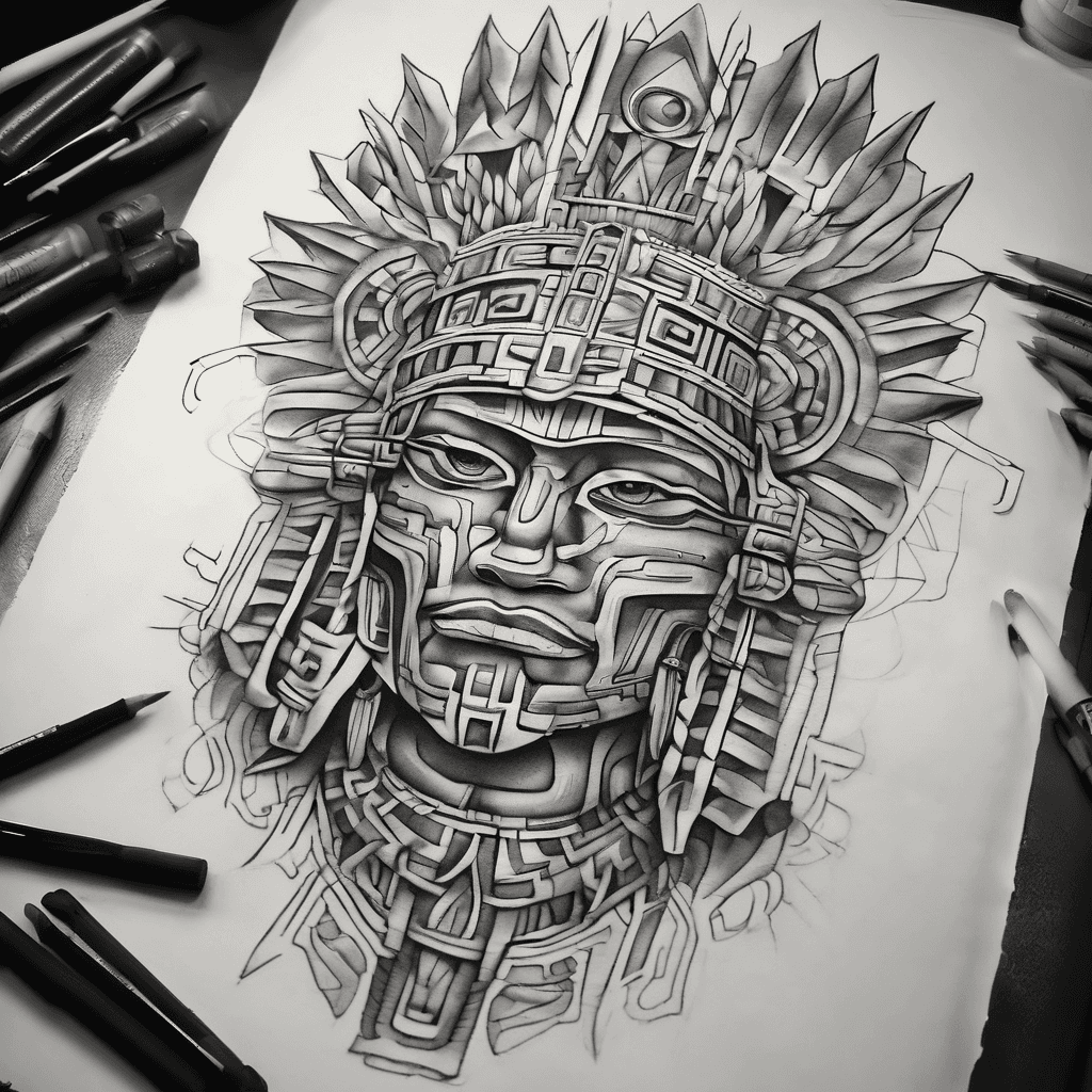 I want you to create an Aztec God using all possible geometric shapes, looking very carved out from the skin as if it’s coming out of the skin doesn’t matter which God just the one it should have realism, but should be a bit more shaky as if the geometric shapes are a part of the tattoo itself