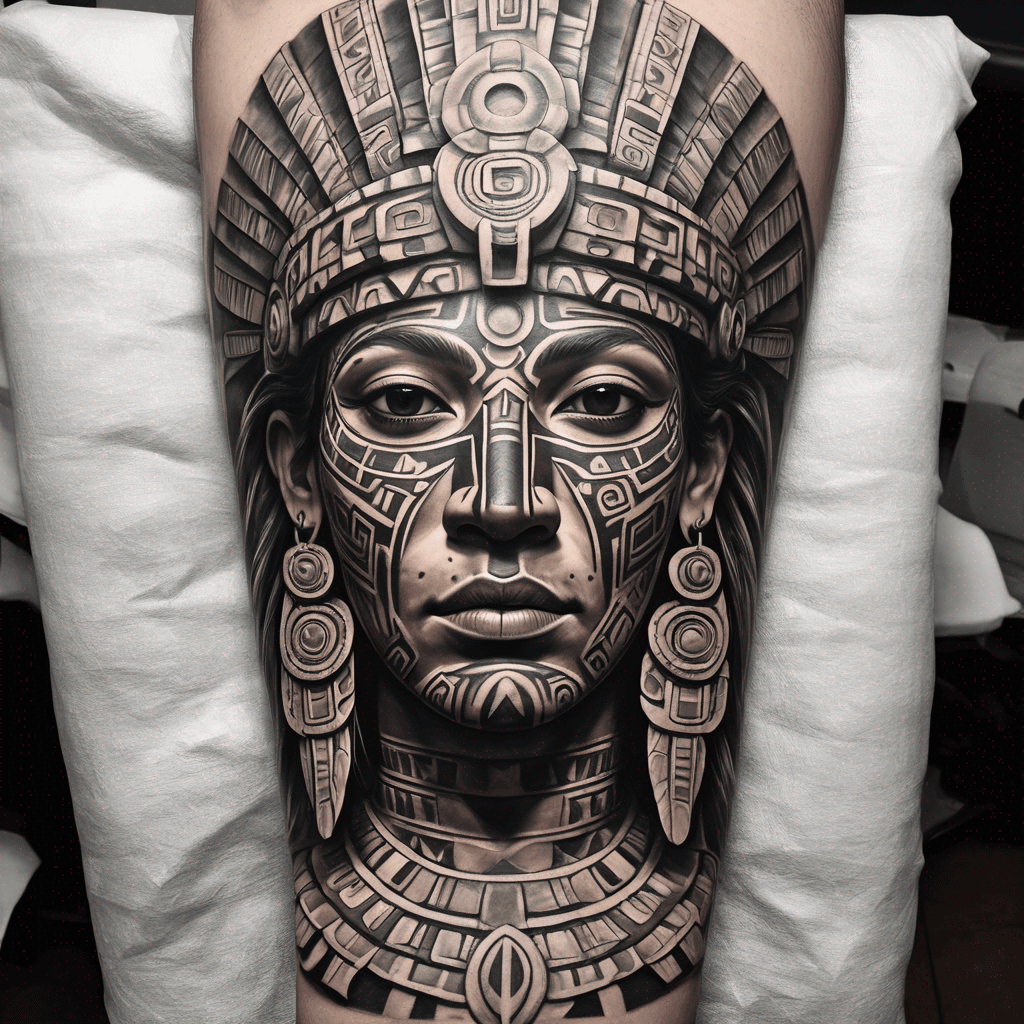 Aztec God geometric shapes make it look like it’s being chiseled out of the skin almost like it’s breaching the skin like a sculpture