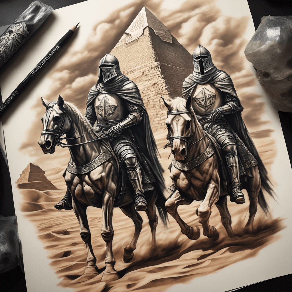 two medieval knights approaching a back, monlithic pyramid in the desert. They are wearing souls-like armor. On the front face of the pyramid is a detailed, human skull, wearing a traditional desert keffiyeh head covering