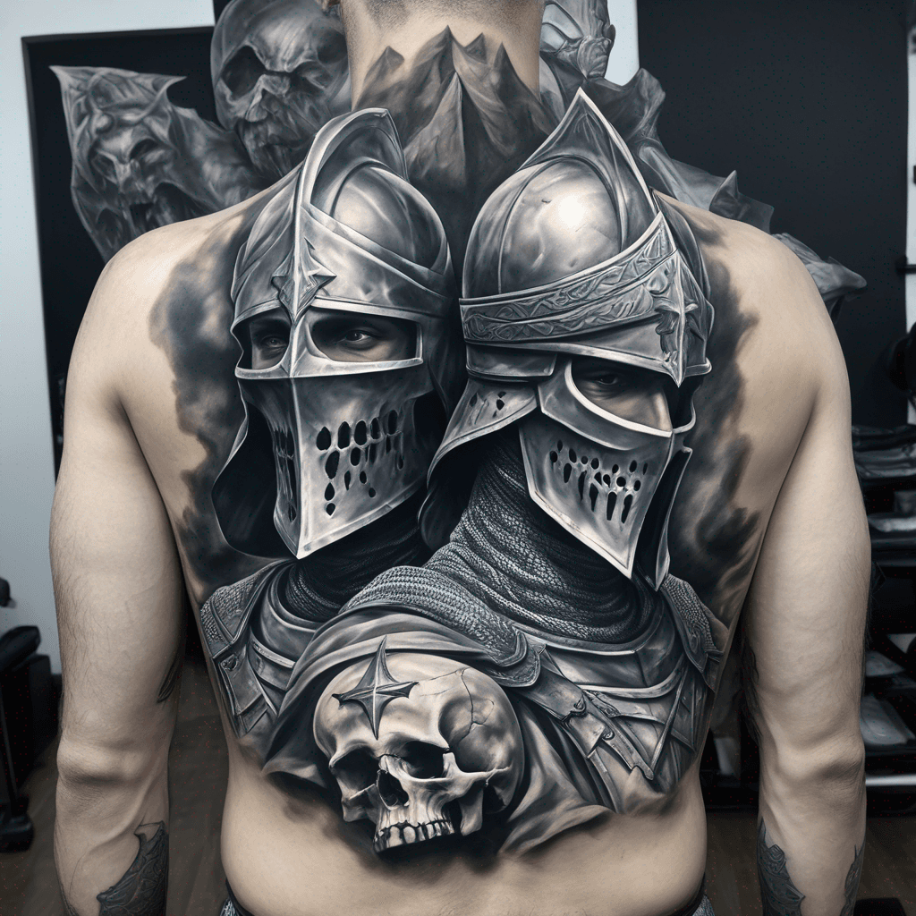 Two medieval knights in soulslike armor approach a black monolithic desert pyramid with detailed human skull on its front wearing trad keffiyeh tattoo
