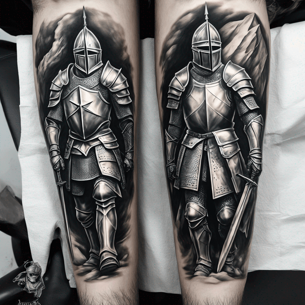Two medieval knights on foot in soulslike armor approach a black desert pyramid.