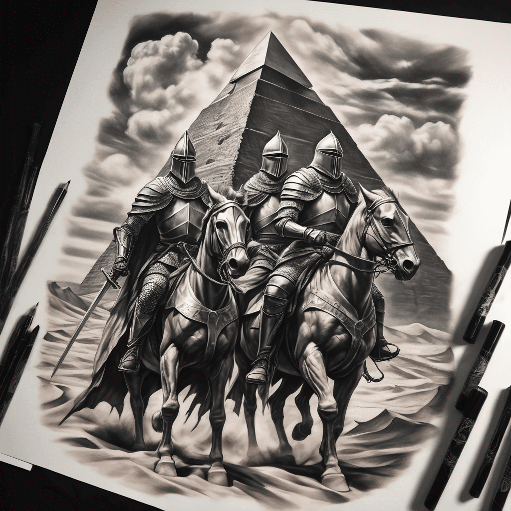 two medieval knights approach a black pyramid in the desert.