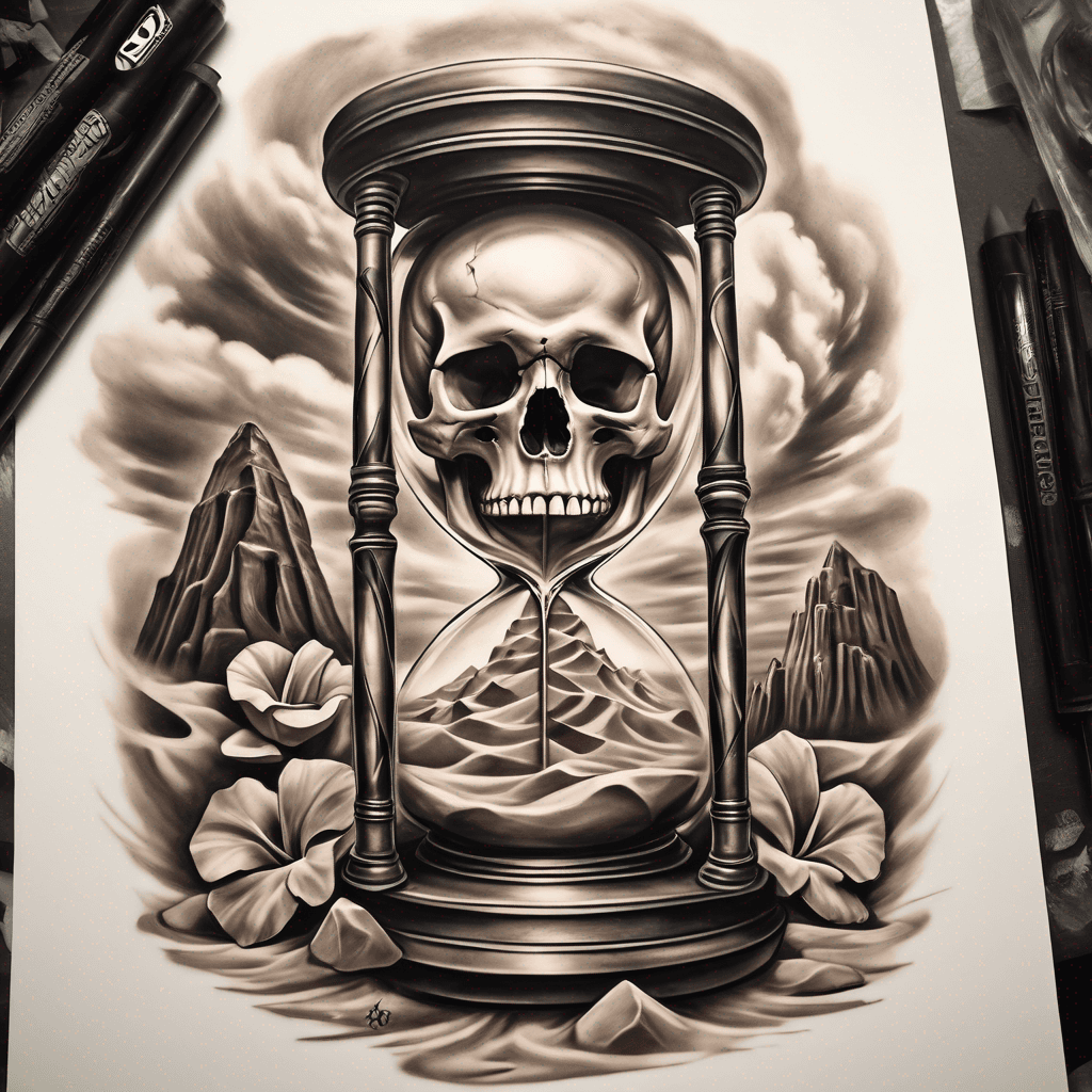a large hourglass flowing with the sands of time. in the top of the hourglass is a human skull. in the bottom of the hourglass is a desert oasis with a pyramid
