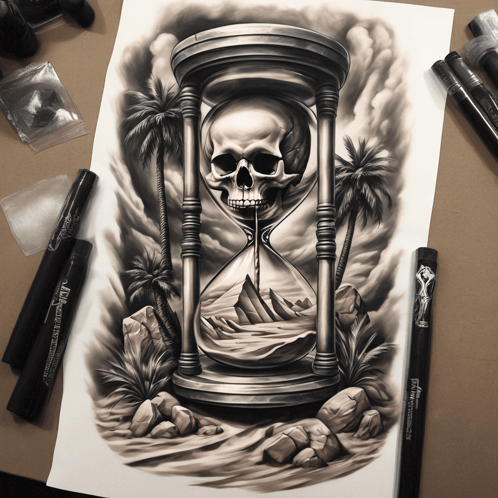 Large realistic hourglass with skull in upper chamber pouring sand into a lower desert oasis with pyramid, palm, reflective water; fine-line blackwork