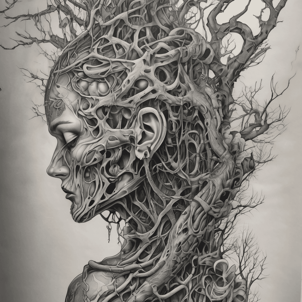 Half-back tattoo, black and grey, surreal nightmare, a twisted biomechanical tree growing up the spine, its branches ribbed like vertebrae, dozens of small white hollow masks hanging from the branches like fruit, each with a different expression of agony, roots made of Giger tendrils spreading across the lower back, monochrome airbrushed shading, eerie and beautiful, highly detailed