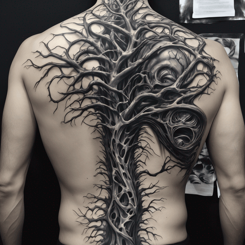 Half-back tattoo, black and grey, surreal nightmare, a twisted biomechanical tree growing up the spine, its branches ribbed like vertebrae, dozens of small white hollow masks hanging from the branches like fruit, each with a different expression of agony, roots made of Giger tendrils spreading across the lower back, monochrome airbrushed shading, eerie and beautiful, highly detailed