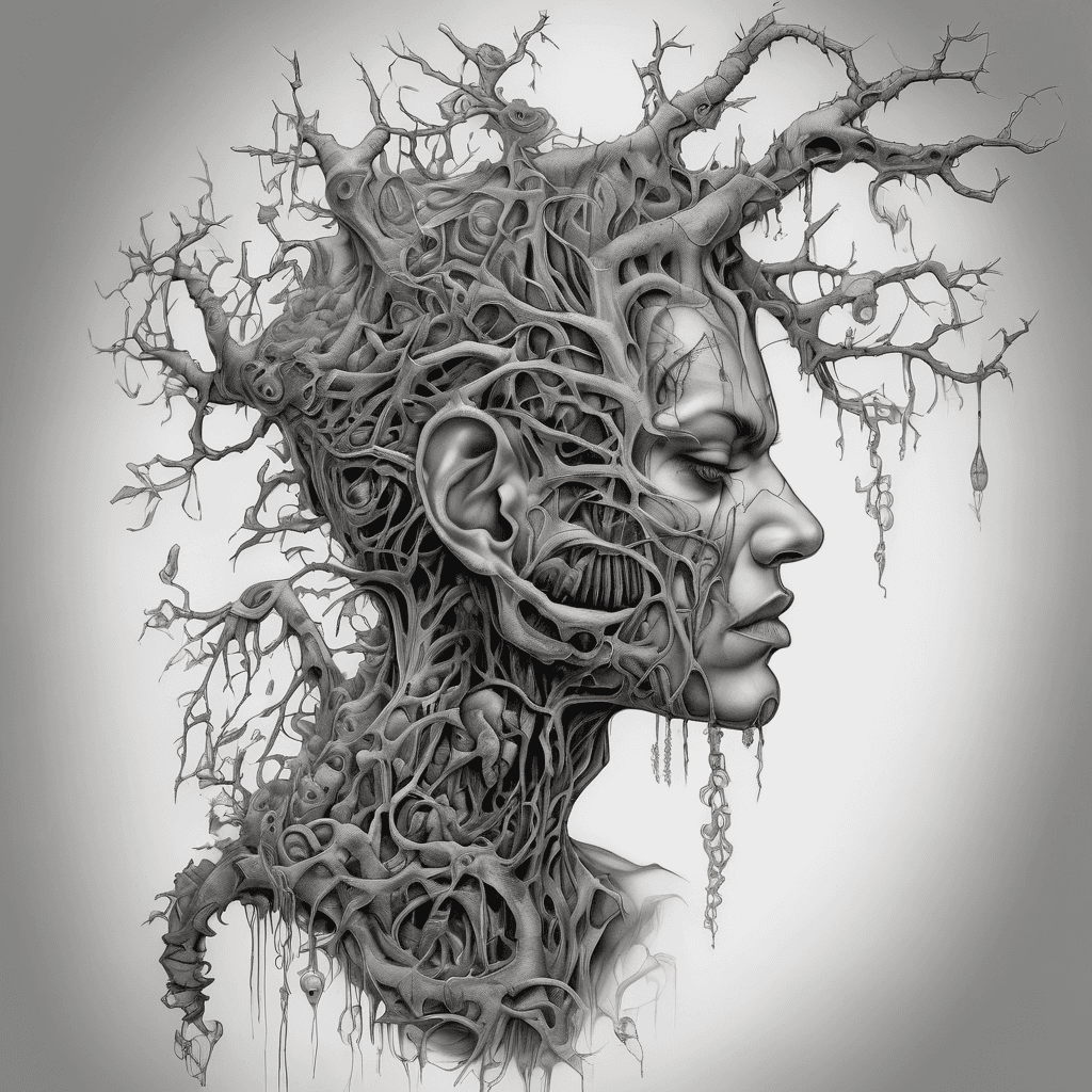 Half-back tattoo, black and grey, surreal nightmare, a twisted biomechanical tree growing up the spine, its branches ribbed like vertebrae, dozens of small white hollow masks hanging from the branches like fruit, each with a different expression of agony, roots made of Giger tendrils spreading across the lower back, monochrome airbrushed shading, eerie and beautiful, highly detailed