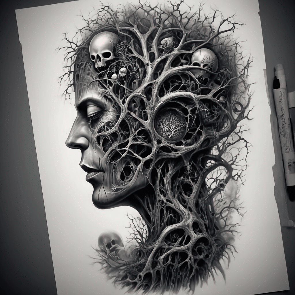 Half-back tattoo, black and grey, surreal nightmare, a twisted biomechanical tree growing up the spine, its branches ribbed like vertebrae, dozens of small white hollow masks hanging from the branches like fruit, each with a different expression of agony, roots made of Giger tendrils spreading across the lower back, monochrome airbrushed shading, eerie and beautiful, highly detailed