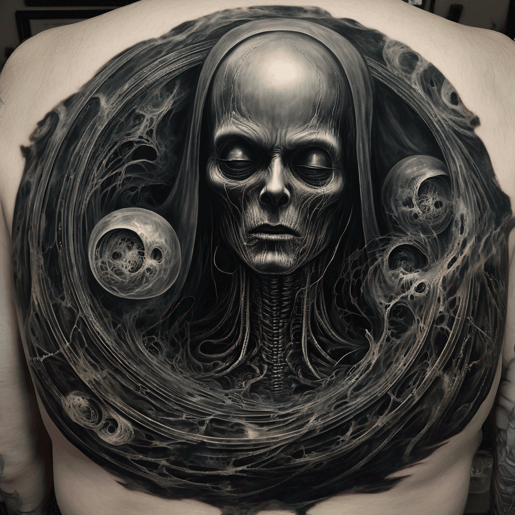 Half-back tattoo, black and grey monochrome, horror surrealism, a figure in tattered black robes seen from behind, a massive circular void punched through its chest and back, inside the void a spiral of screaming faces descending into darkness, H.R. Giger biomechanical framing around the wound, ribbed bone edges, tendrils leaking from the hole, airbrushed, ominous, intricate