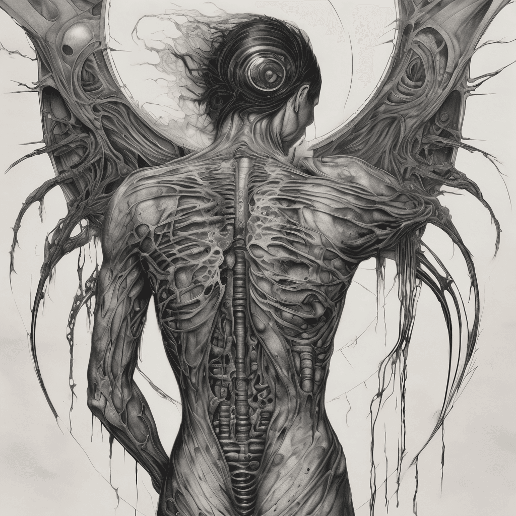 Half-back tattoo, black and grey monochrome, horror surrealism, a figure in tattered black robes seen from behind, a massive circular void punched through its chest and back, inside the void a spiral of screaming faces descending into darkness, H.R. Giger biomechanical framing around the wound, ribbed bone edges, tendrils leaking from the hole, airbrushed, ominous, intricate