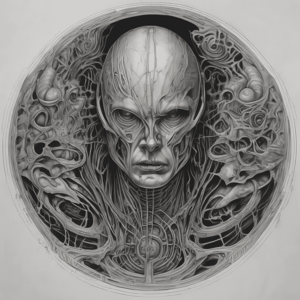 Half-back tattoo, black and grey monochrome, horror surrealism, a figure in tattered black robes seen from behind, a massive circular void punched through its chest and back, inside the void a spiral of screaming faces descending into darkness, H.R. Giger biomechanical framing around the wound, ribbed bone edges, tendrils leaking from the hole, airbrushed, ominous, intricate
