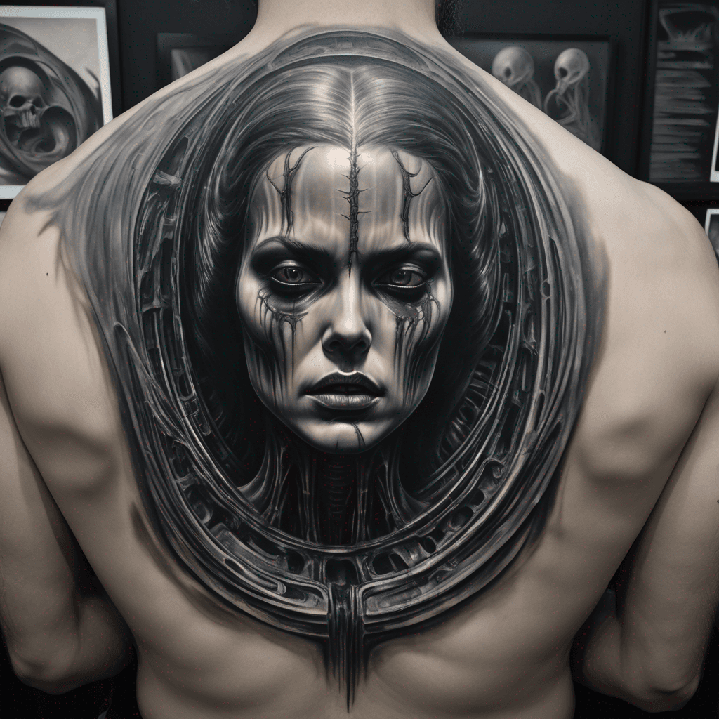 Half-back tattoo, black and grey monochrome, horror surrealism, a figure in tattered black robes seen from behind, a massive circular void punched through its chest and back, inside the void a spiral of screaming faces descending into darkness, H.R. Giger biomechanical framing around the wound, ribbed bone edges, tendrils leaking from the hole, airbrushed, ominous, intricate