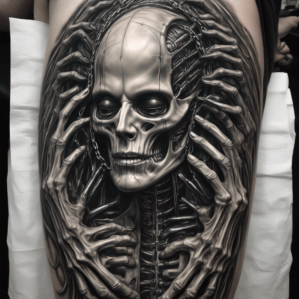 Half-back tattoo, black and grey horror surrealism, dozens of skeletal biomechanical hands reaching up from the lower back, grasping a broken chain that ascends the spine, at the top a cracked hollow mask staring down at them, H.R. Giger textures, ribbed bone and sinew, smoky darkness between elements, airbrushed monochrome, dread atmosphere, fine detail