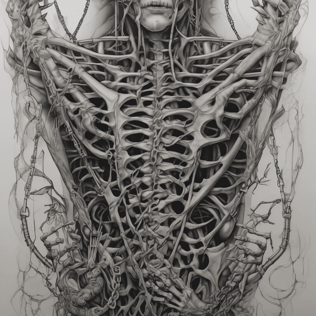 Half-back tattoo, black and grey horror surrealism, dozens of skeletal biomechanical hands reaching up from the lower back, grasping a broken chain that ascends the spine, at the top a cracked hollow mask staring down at them, H.R. Giger textures, ribbed bone and sinew, smoky darkness between elements, airbrushed monochrome, dread atmosphere, fine detail