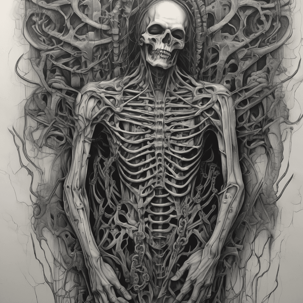 Half-back tattoo, black and grey horror surrealism, dozens of skeletal biomechanical hands reaching up from the lower back, grasping a broken chain that ascends the spine, at the top a cracked hollow mask staring down at them, H.R. Giger textures, ribbed bone and sinew, smoky darkness between elements, airbrushed monochrome, dread atmosphere, fine detail