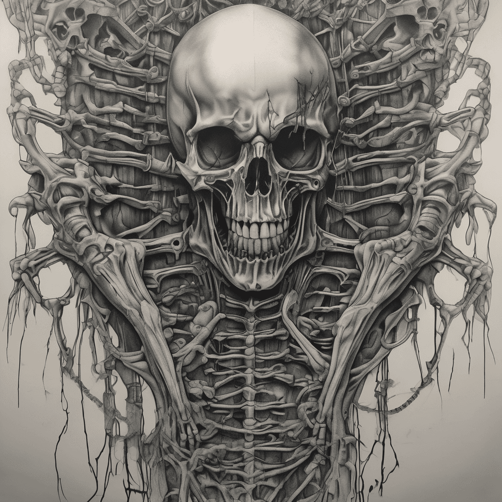Half-back tattoo, black and grey horror surrealism, dozens of skeletal biomechanical hands reaching up from the lower back, grasping a broken chain that ascends the spine, at the top a cracked hollow mask staring down at them, H.R. Giger textures, ribbed bone and sinew, smoky darkness between elements, airbrushed monochrome, dread atmosphere, fine detail
