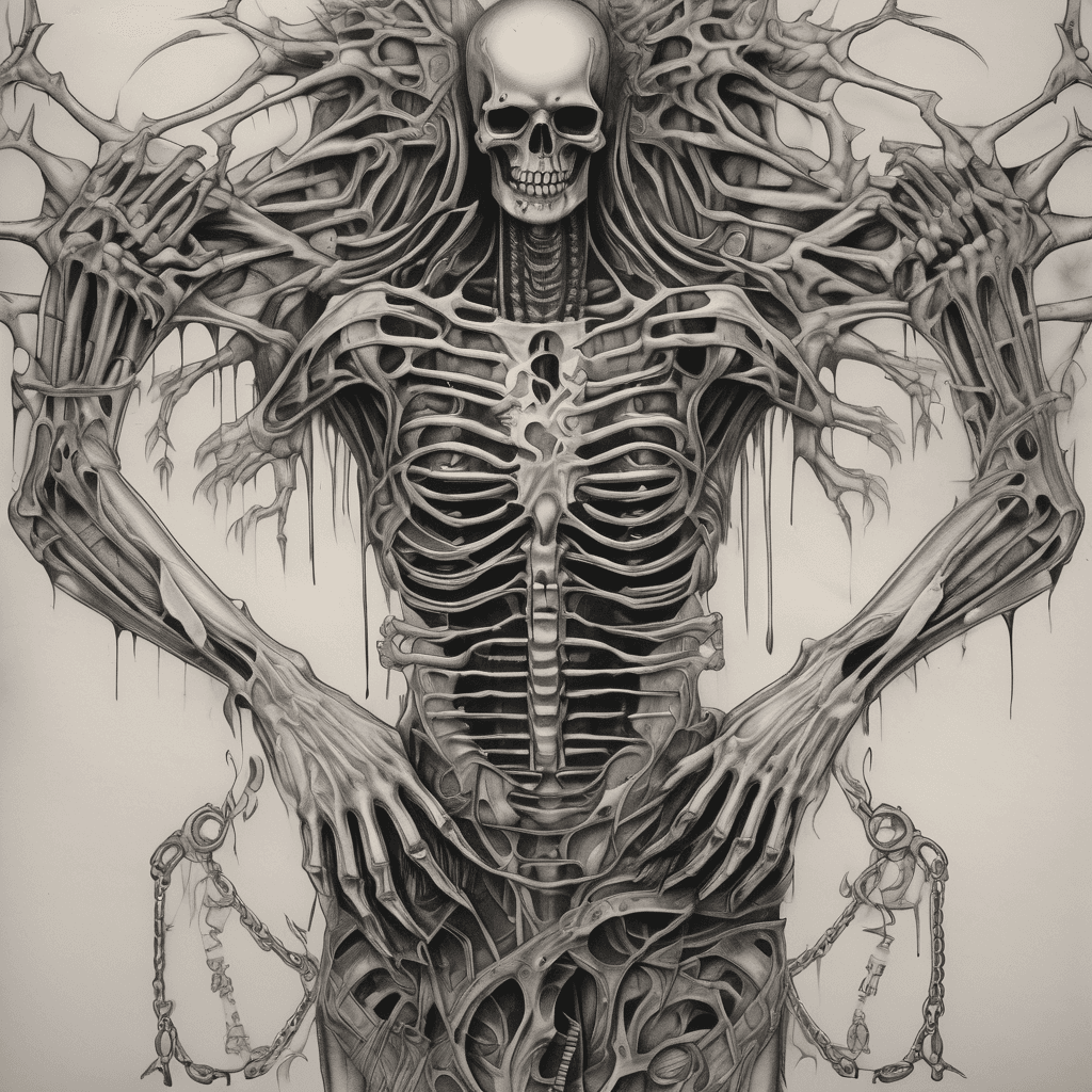 Half-back tattoo, black and grey horror surrealism, dozens of skeletal biomechanical hands reaching up from the lower back, grasping a broken chain that ascends the spine, at the top a cracked hollow mask staring down at them, H.R. Giger textures, ribbed bone and sinew, smoky darkness between elements, airbrushed monochrome, dread atmosphere, fine detail
