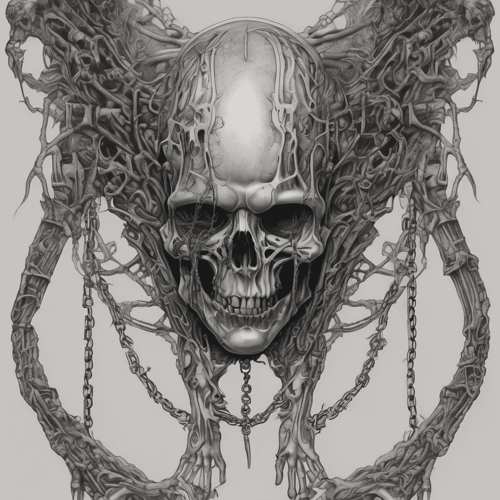 Half-back tattoo, black and grey horror surrealism, dozens of skeletal biomechanical hands reaching up from the lower back, grasping a broken chain that ascends the spine, at the top a cracked hollow mask staring down at them, H.R. Giger textures, ribbed bone and sinew, smoky darkness between elements, airbrushed monochrome, dread atmosphere, fine detail