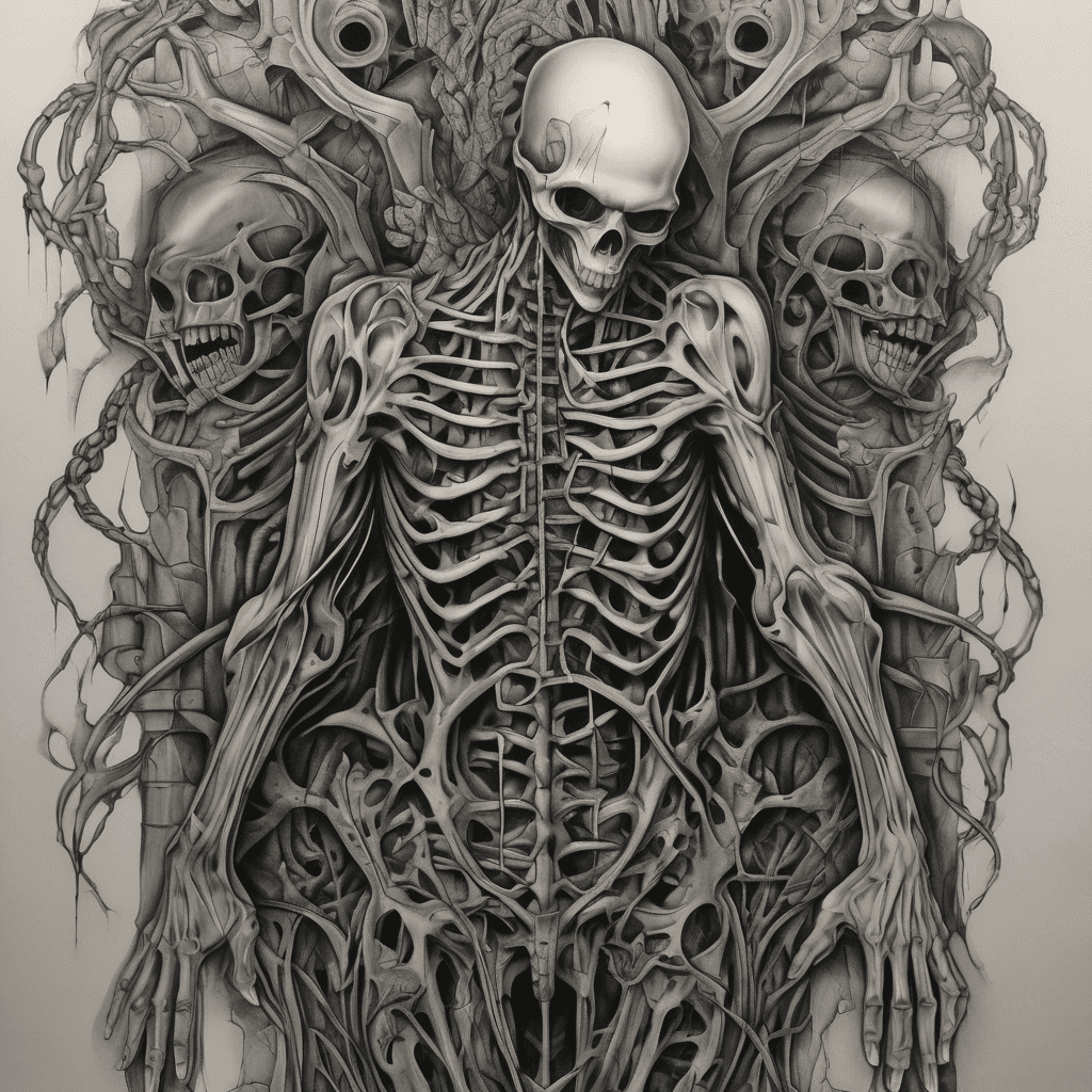 Half-back tattoo, black and grey horror surrealism, dozens of skeletal biomechanical hands reaching up from the lower back, grasping a broken chain that ascends the spine, at the top a cracked hollow mask staring down at them, H.R. Giger textures, ribbed bone and sinew, smoky darkness between elements, airbrushed monochrome, dread atmosphere, fine detail