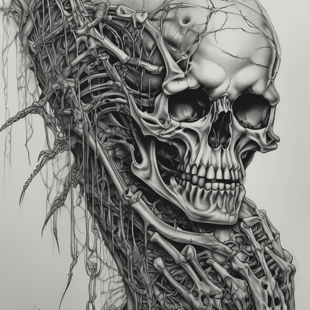 Half-back tattoo, black and grey horror surrealism, dozens of skeletal biomechanical hands reaching up from the lower back, grasping a broken chain that ascends the spine, at the top a cracked hollow mask staring down at them, H.R. Giger textures, ribbed bone and sinew, smoky darkness between elements, airbrushed monochrome, dread atmosphere, fine detail