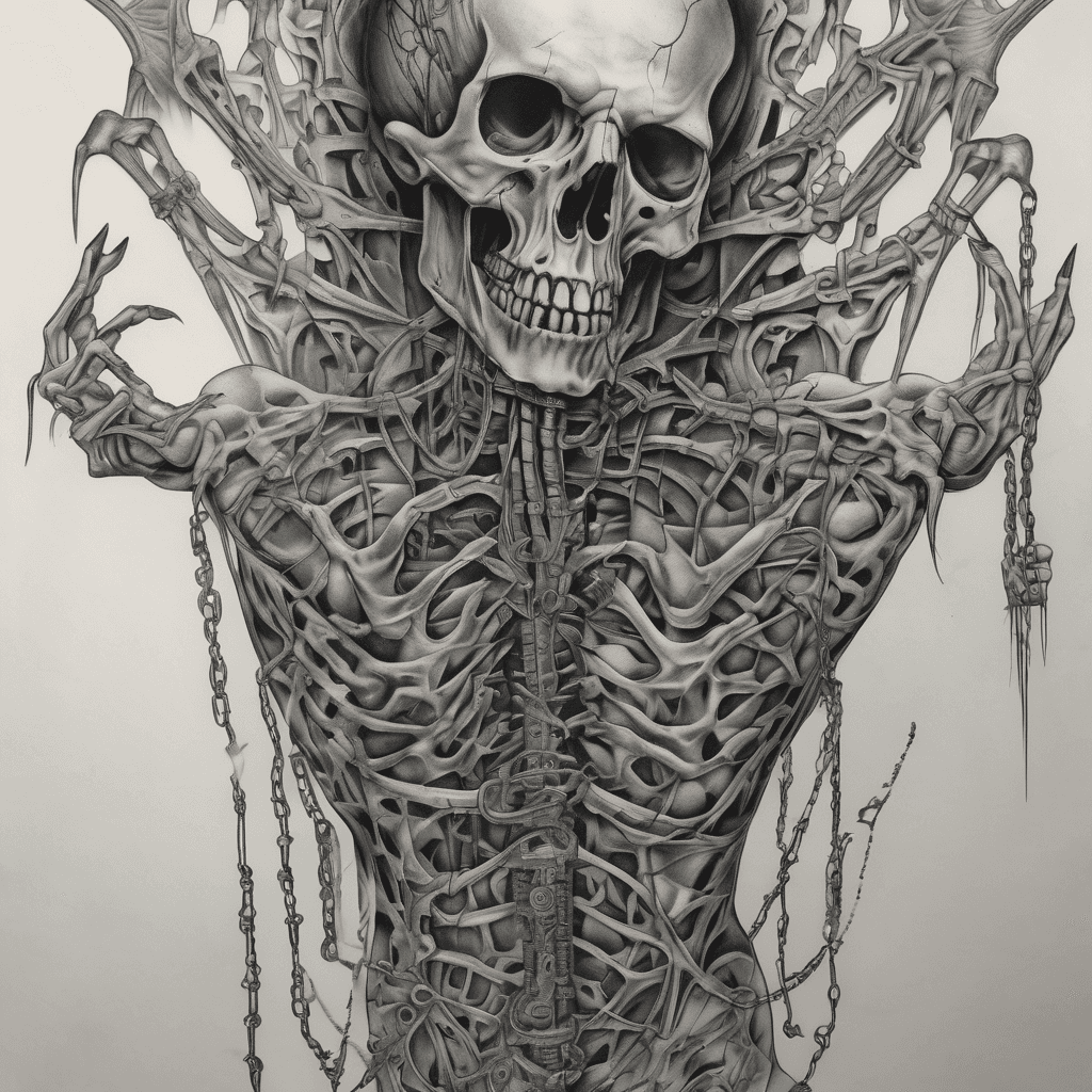 Half-back tattoo, black and grey horror surrealism, dozens of skeletal biomechanical hands reaching up from the lower back, grasping a broken chain that ascends the spine, at the top a cracked hollow mask staring down at them, H.R. Giger textures, ribbed bone and sinew, smoky darkness between elements, airbrushed monochrome, dread atmosphere, fine detail