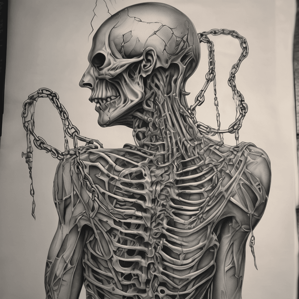 Half-back tattoo, black and grey horror surrealism, dozens of skeletal biomechanical hands reaching up from the lower back, grasping a broken chain that ascends the spine, at the top a cracked hollow mask staring down at them, H.R. Giger textures, ribbed bone and sinew, smoky darkness between elements, airbrushed monochrome, dread atmosphere, fine detail